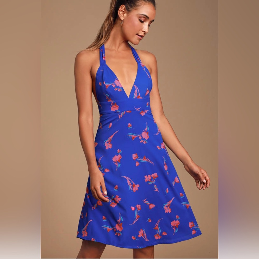 Lulus Royal Blue Floral Halter Dress / Size XS